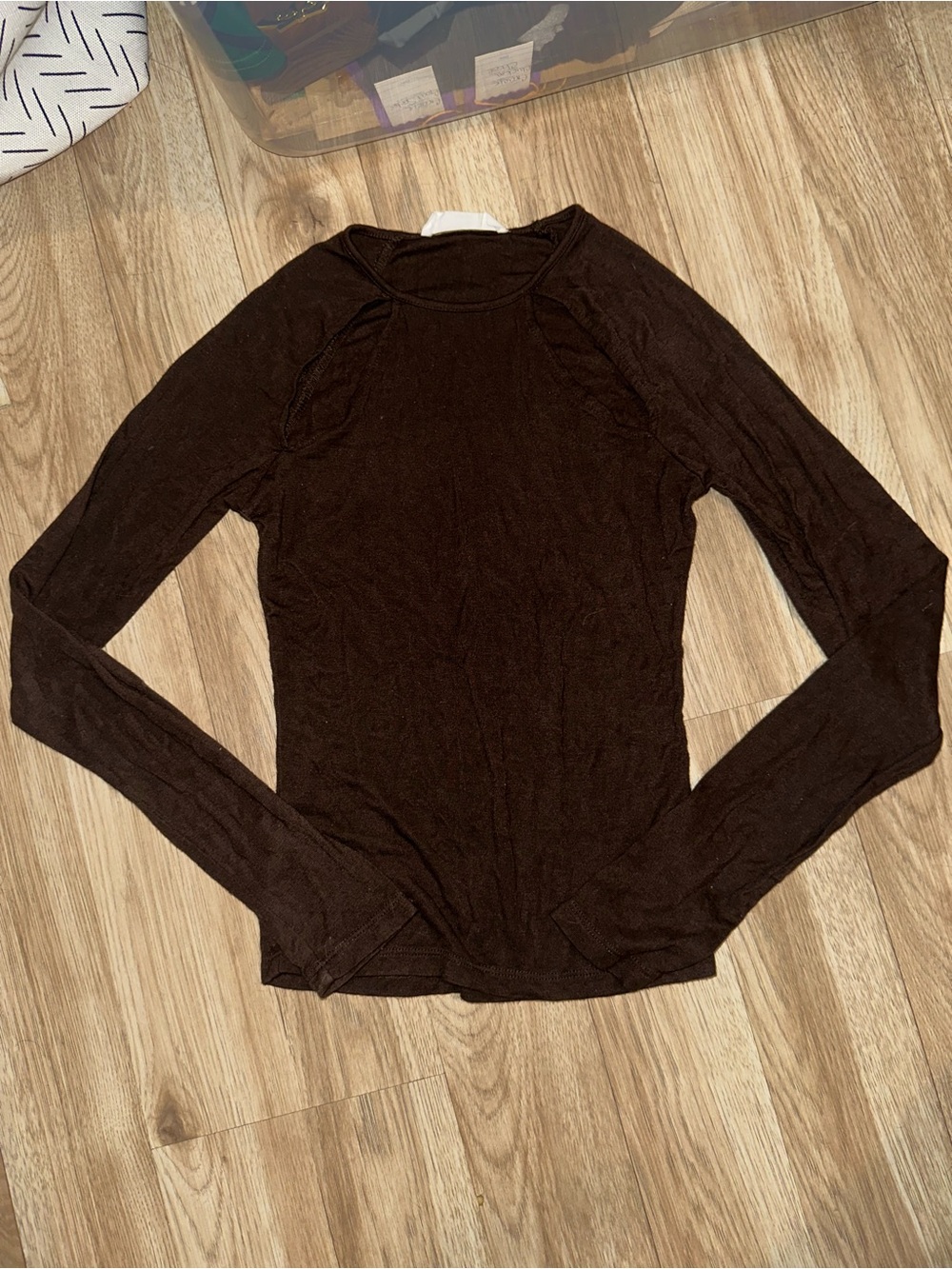 Women's Long Sleeve Crewneck Top with Cutouts- Brown